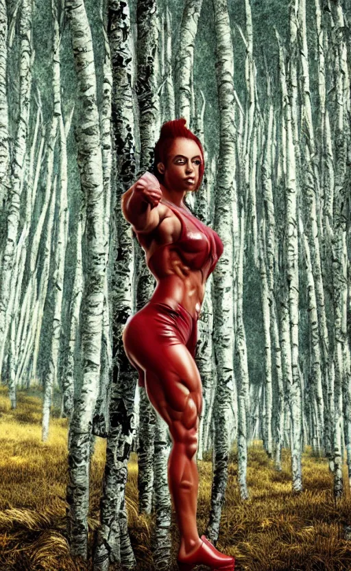 Image similar to photo of superbodybuilder woman posing standing with back in birch forest in jeff koons hip hop bauhaus style, beautiful detailed face, ultra realistic, concept art, intricate details, serious, highly detailed, photorealistic, octane render, 8 k, unreal engine, natural light, art by todd mcfarlane