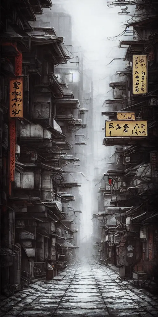 Image similar to nuclear winter, street of kyoto, near future, fantasy, sci - fi, hyper realistic, serene, morning.