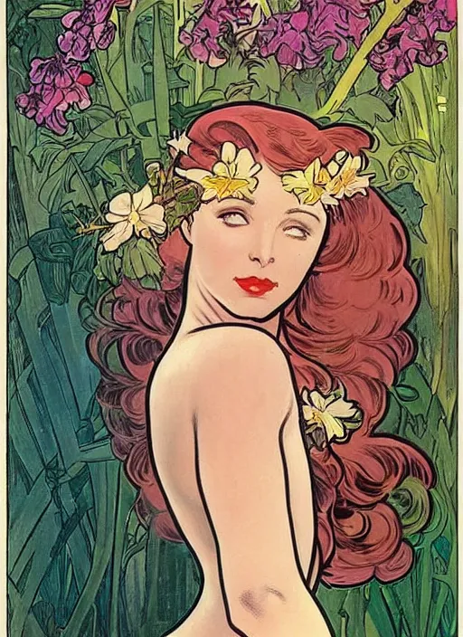 Image similar to a beautiful young woman. she is a flower fairy. well composed, clean elegant painting, beautiful detailed face. retro comic book art by steve ditko and jack kirby and ( alphonse mucha )