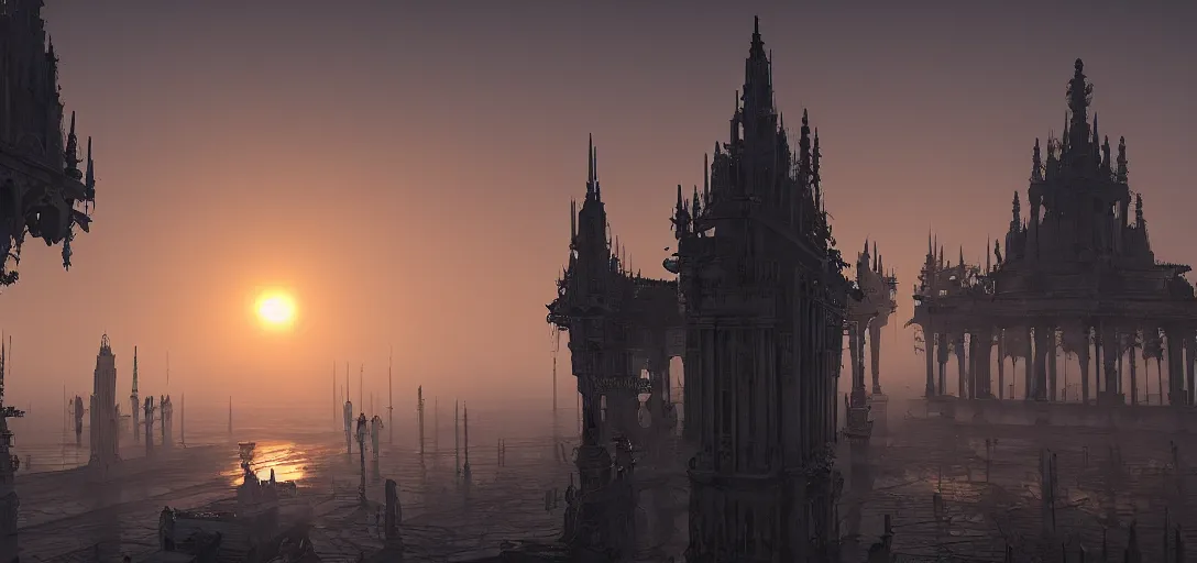 Image similar to A palace with a thousand long, thin spires of metal. Sunset. Thick atmosphere of fog. 4K. Many intrincate details.