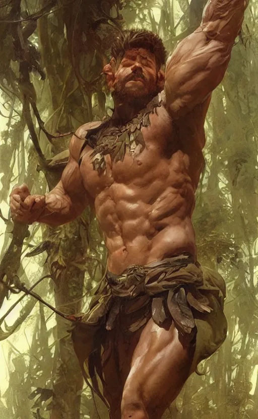 Image similar to god of the forest, 30 years old, rugged, male, gorgeous, detailed face, amazing, thighs!!!!!!, muscular, intricate, highly detailed, digital painting, artstation, concept art, sharp focus, illustration, art by greg rutkowski and alphonse mucha