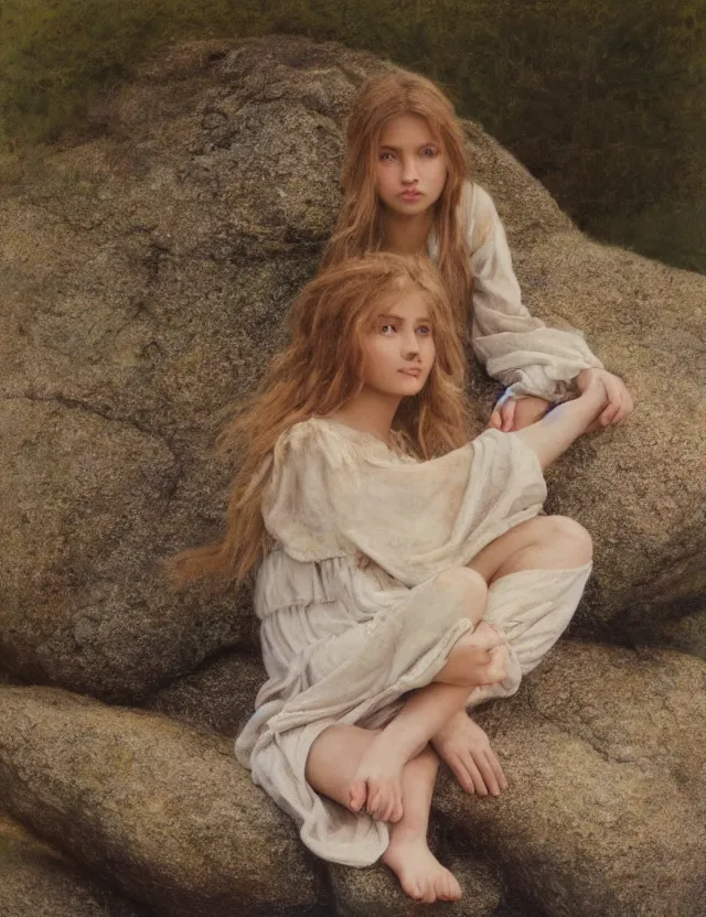 Image similar to peasant barefoot girl with blowing hair sitting on the edge of rock, cottage core, cinematic focus, polaroid photo bleached vintage pastel colors high - key lighting, soft lights, foggy, by steve hanks, by lisa yuskavage, by serov valentin, by tarkovsky, 8 k render, detailed, oil on canvas