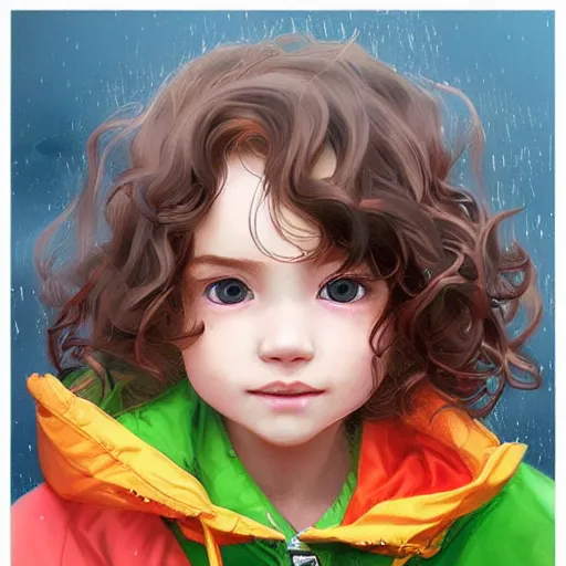 Prompt: a one year old girl with short wavy curly light brown hair and blue eyes wearing a colorful raincoat in the rain. by artgerm and greg rutkowski and ilya kuvshinov