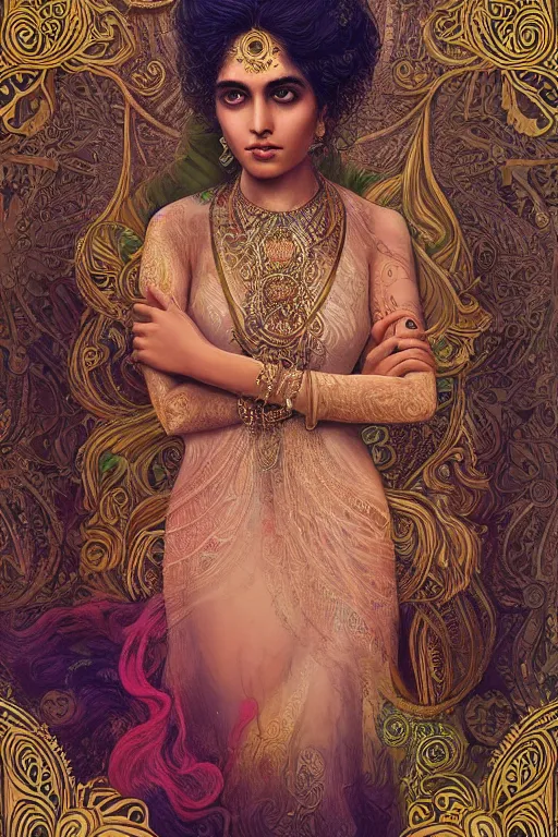 Image similar to a stunning ultradetailed illustration of an indian woman with epic wavy hair surrounded by paisleys and art nouveau floral patterns, by vania zouravilov and tom bagshaw, deep depth of field, studio lighting, golden ratio composition, 3 5 mm lens, very detailed, 8 k, artstation