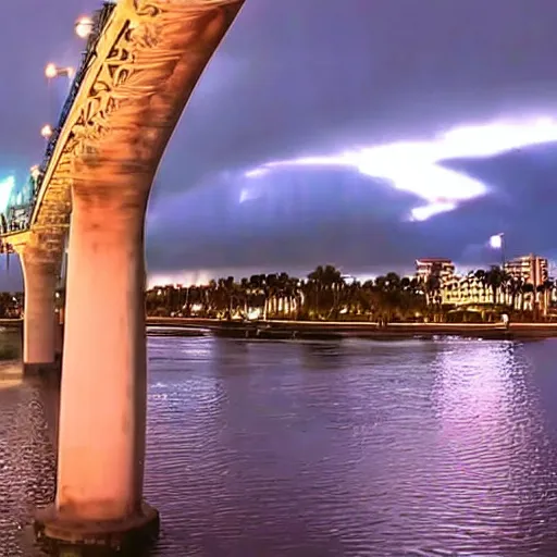 Image similar to blue hour, mostly cloudy sky, palm trees, bridge, curved bridge, dusk, 2 4 0 p footage, 2 0 0 6 youtube video