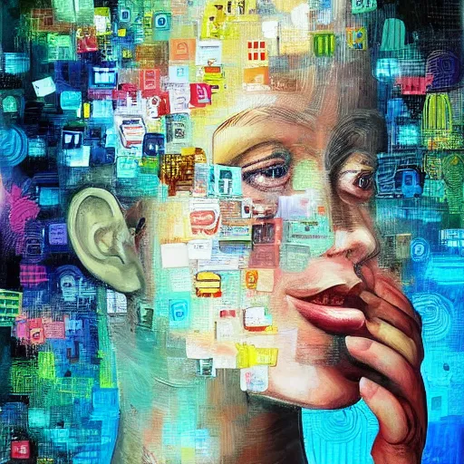 Image similar to the mind is overloaded by reality, humanity, sensory processing overload, trending, digital painting, oil painting marks, very award - winning