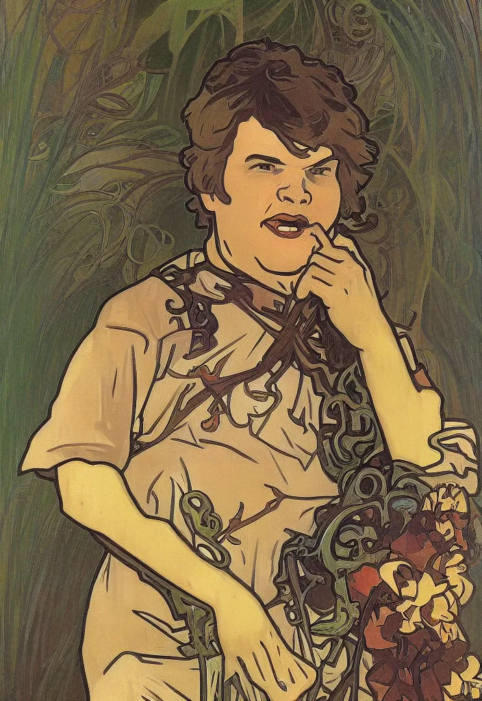 Image similar to yann lecun as shrek, in art style by alphonse mucha