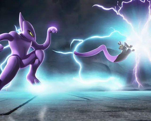 Prompt: mewtwo fighting frieza epic battle, cgi render, lightning, beams of light, wide angle, highly detailed