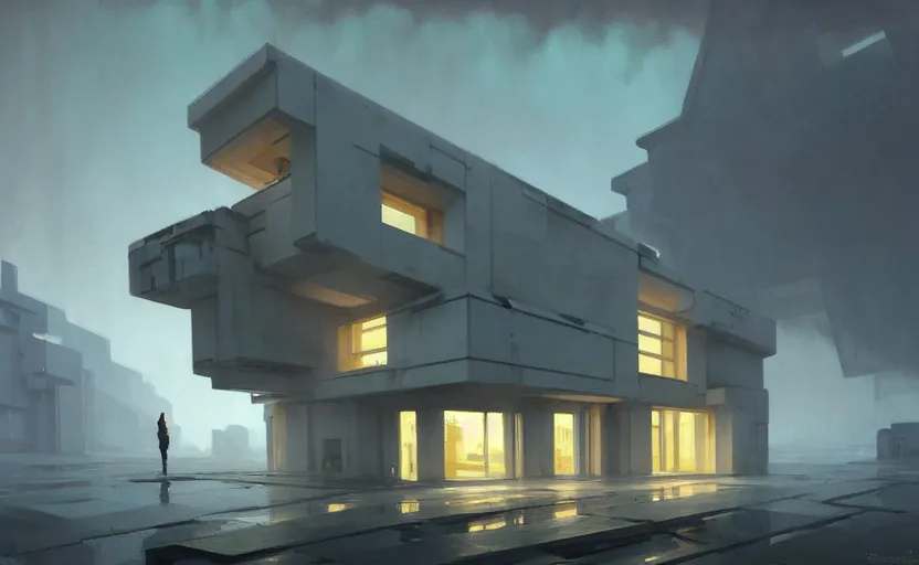 Prompt: painting of a wide angle exterior shot of a white brutalist architecture house with cinematic lighting by darek zabrocki and greg ruthkowski, alphonse mucha, simon stalenhag and cinematic and blue cold atmospheric, archillect concept art, artstation, trending on artstation