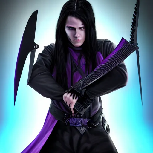 Image similar to An epic fantasy comic book style portrait painting of a young man with straight long black hair lilac eyes. Wearing black spy combat clothes. He is holding knives in both hands. Menacing look. Dark purple energy portal around, born from shadows. Unreal 5, DAZ, hyperrealistic, octane render, cosplay, RPG portrait, dynamic lighting