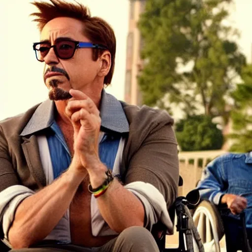 Image similar to robert downey jr. starring in weekend at bernie's. movie poster. comedic. cinematic lighting. robert downey jr. in a wheelchair pushed by dwayne the rock johnson.