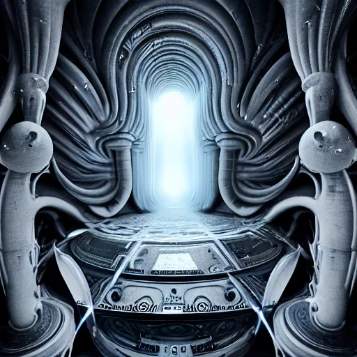 Image similar to open portal to another dimension, with white turbulent image of different time space, ethereal, sci fi, high detail, intricate, giger, photo realistic, 8 k