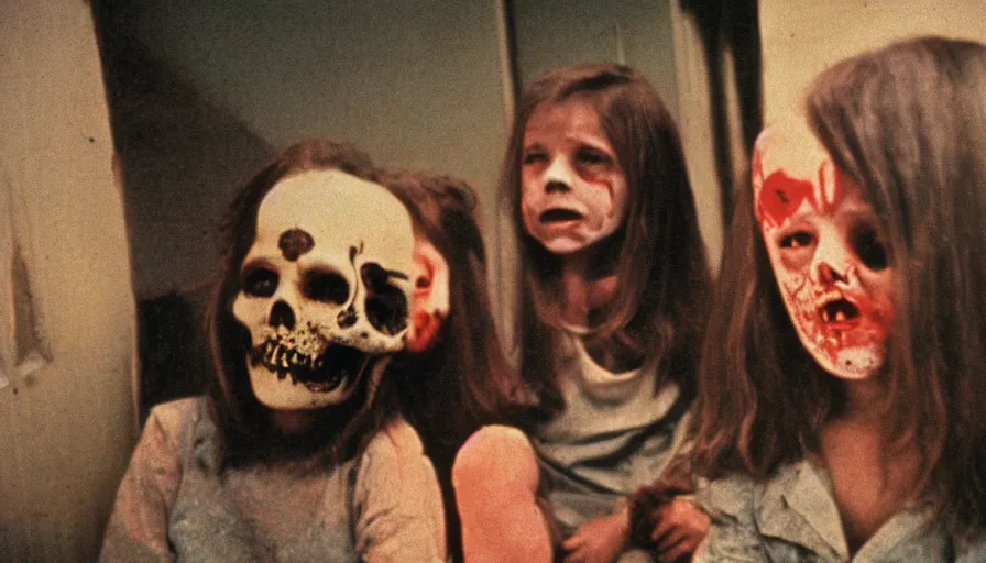 Image similar to 7 0 s film still from a horror movie about kids with skulls for heads, kodachrome, cinecolor, cinestill, film grain, film texture, retro, cinematic, high resolution, photorealism,