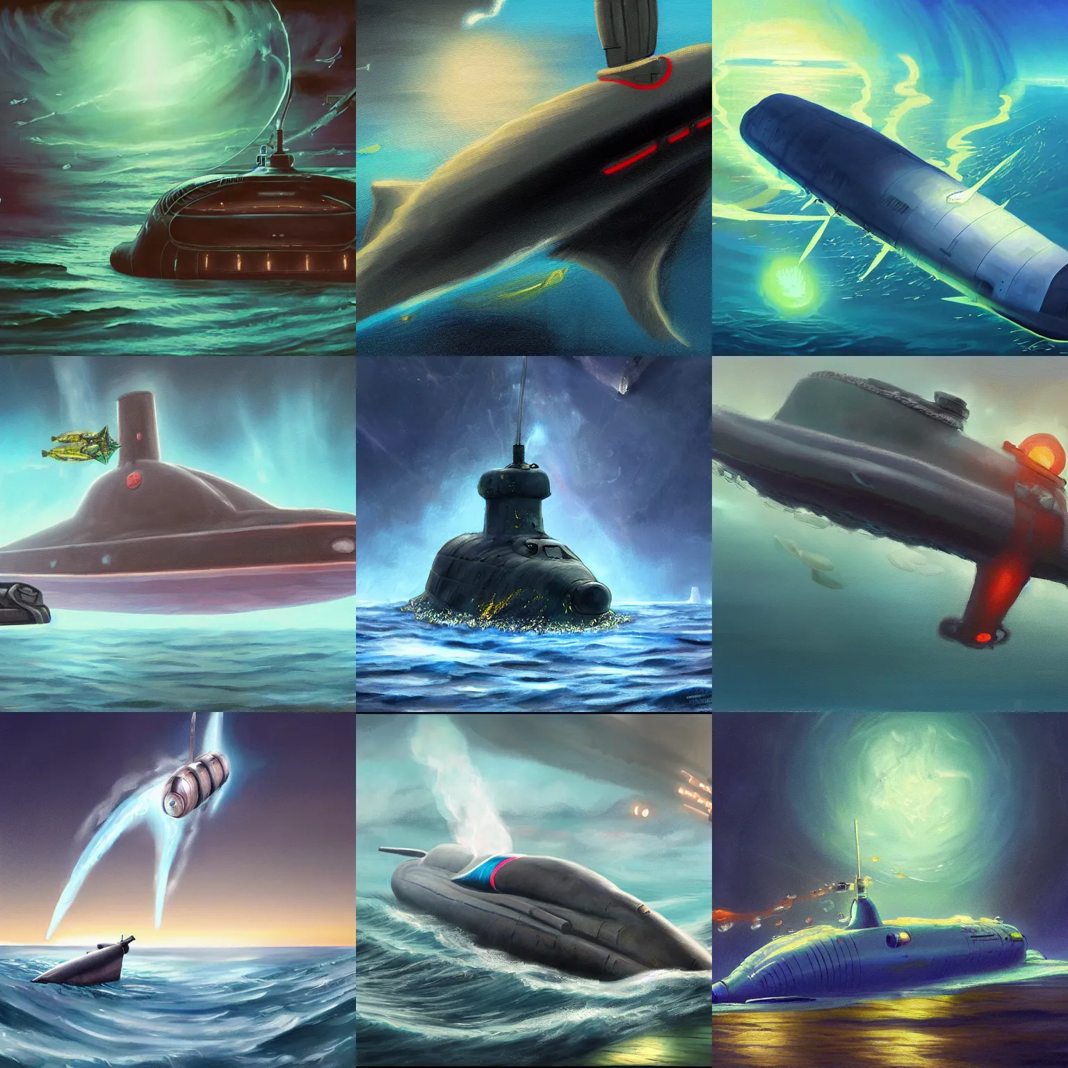 Prompt: a painting of a submarine floating in the ocean, concept art by christopher moeller, featured on deviantart, digital art, concept art, bioluminescence, sci - fi