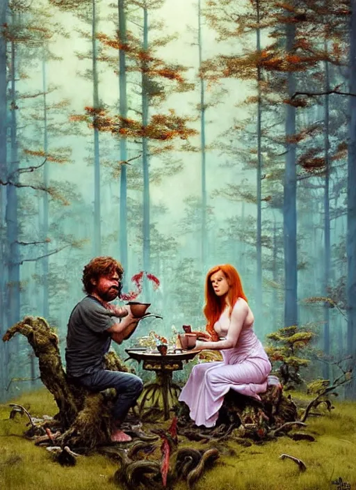 Image similar to peter dinklage having tea with isla fisher at a shrine in the woods gorgeous lighting, lush forest foliage blue sky a hyper realistic painting by chiara bautista and beksinski and norman rockwell and greg rutkowski weta studio, and lucasfilm