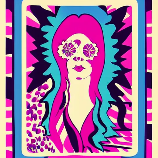 Prompt: 70s graphic design poster with a woman’s face, flower child, groovy, retro, hippie, pink tones