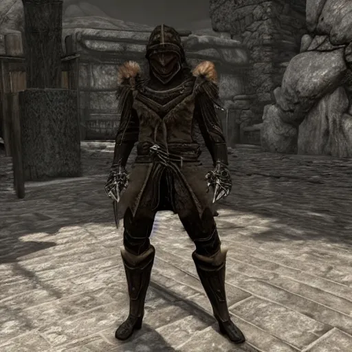 Prompt: screenshot from skyrim of an npc character dressed in cyberpunk streetwear designed by raf simons, in - game screenshot