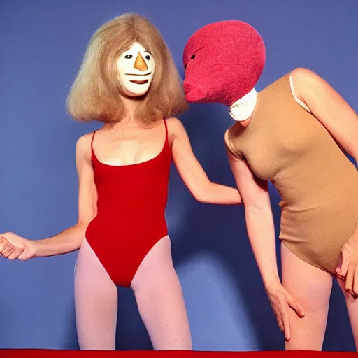 Image similar to 1970 twin women on tv show wearing a mask with a long prosthetic nose and nostril, wearing a leotard on the hillside 1970 color archival footage color film 16mm holding a hand puppet Fellini Almodovar John Waters Russ Meyer Doris Wishman