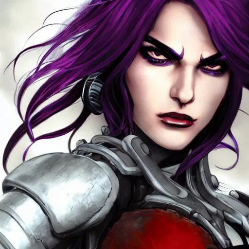 Image similar to extreme close up portrait, pale woman with flowing purple hair in rusty sci - fi power armor, high detail, eyepatch, covered eye, black and red background, stoic, elegant, muscles, powerful, commanding, by stjepan sejic, sunstone, dc comic, marvel comic