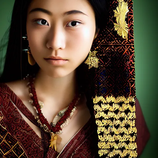 Image similar to close up, portrait of 18 years old female japanese jew model wearing javanese costume with star of david Jew symbols, photography, realistic, Zeiss camera