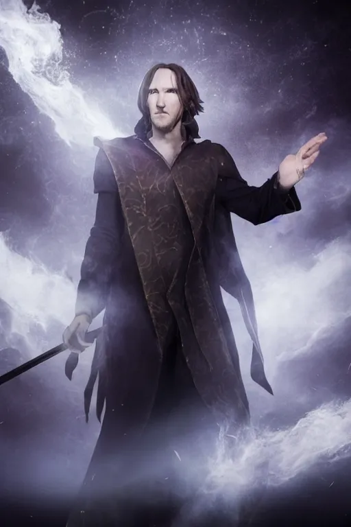 Image similar to Matthew Mercer is an all powerful wizard, realistic cinematic shot, swirling magic, subtle fog and mood lighting