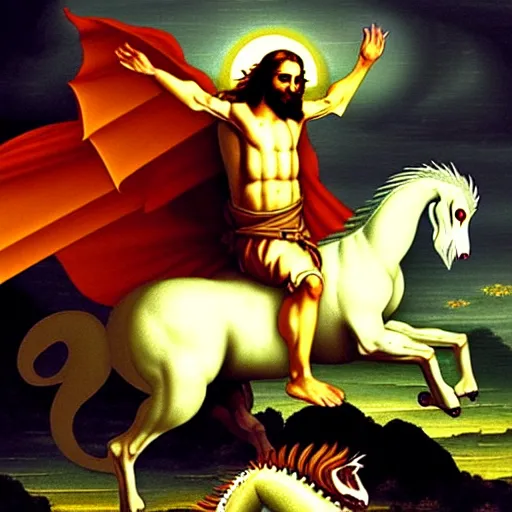 Image similar to Jesus riding a dragon, renaissance painting, fantasy art, digital art