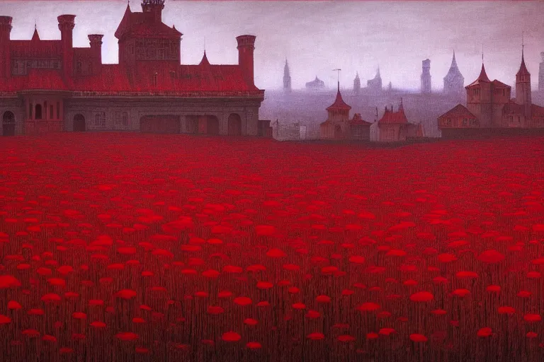 Image similar to only with red, red flowers of different types, red castle in background, red medieval goblins, in the style of beksinski, parts by edward hopper, parts by rodcenko, parts by yue minjun, intricate and epic composition, red by caravaggio, insanely quality, highly detailed, masterpiece, red light, artstation, 4 k