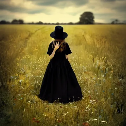 Prompt: a girl standing in a field, alone, wearing black dress and hat, doll in hand, detailed hands, by andrea kowch, dark, scene, magic realism, flowers, perspective