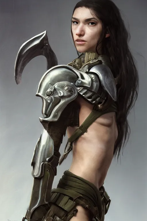 Image similar to a photorealistic painting of an attractive young girl, partially clothed in battle armor, olive skin, long dark hair, beautiful bone structure, symmetrical face, perfect eyes, intricate, elegant, digital painting, concept art, illustration, sharp focus, minimal artifacts, from Metal Gear, in the style of Ruan Jia and Mandy Jurgens, by Greg Rutkowski, trending on Artstation, award winning