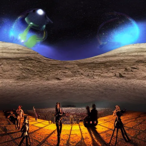 Prompt: 360º, equirectangular, View of the scenario of an outdoor rock concert in a lunar landscape, darkness, night lighting, colored spotlights, psychdelic lights, a gloom, much public to the stage looking at the concert, the public is formed by aliens and robots, style Alexander Jansson, realistic, many details, ultra detailed, render, render Vray, octane render, rendering, unreal Engine5, HDRI, 360º, equirectangular