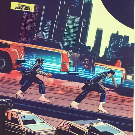 Prompt: 1979 OMNI Magazine, Neo-tokyo bank robbers fleeing the police with bags of money, Highly Detailed, 8k :4 by Vincent Di Fate : 8