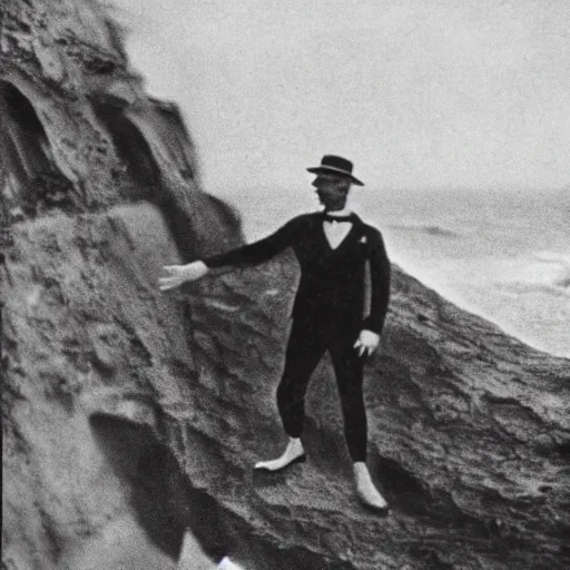 Image similar to anthro fox man in suit about to fall off cliff into scary stormy ocean, far shot, 1920s film