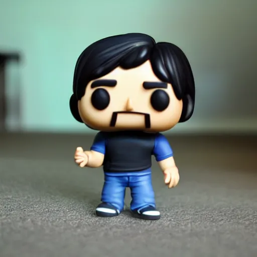 Image similar to a 30 year old skinny Peruvian programmer guy, clean shaven face, with thick straight brush up black hair on top, short on sides, in a dark green polo shirt, blue jeans and grey sneakers funko pop close up highly detailed photo