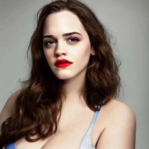 Prompt: a woman who is a genetic combination of kat dennings and emma watson face and upper - body focus