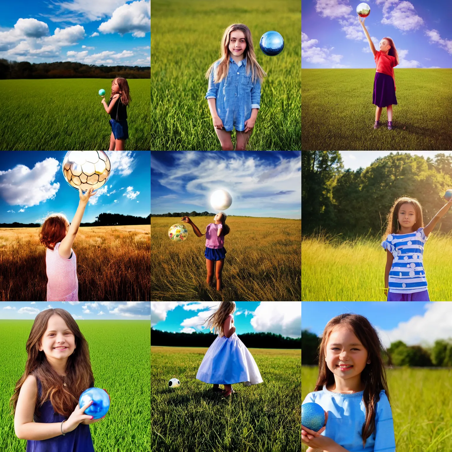 Prompt: a girl standing on a field of grass holding a chrome ball, blue sky with clouds