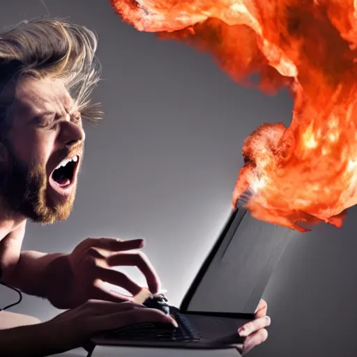 Image similar to a man holding a laptop screaming in rage as flames emerges from his hair, stock photo, realistic, hdr, clear image, hdd, dynamic lighting, rtx on,