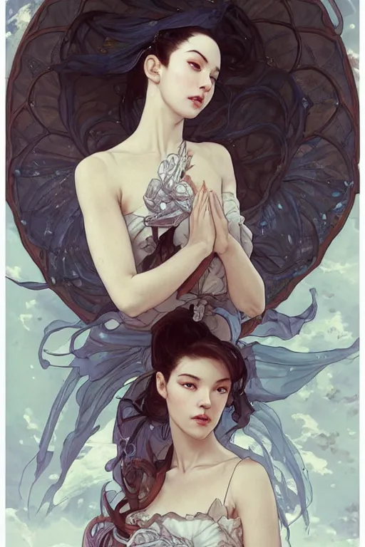 Image similar to character bust portrait, zero gravity floating in the wind, a seductive praying goddess in the style of artgerm, wlop, greg rutkowski, alphonse mucha and ayami kojima, realistic details, volumetric lighting, very very very very beautiful symmetrical face, trending on artstation, artstationhd, artstationhq, unreal engine, 4 k, 8 k