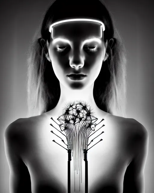 Image similar to black and white dreamy spiritual connected young female cyborg - plant goddess high quality photo, microchip, artificial intelligence, bio - mechanical bio - luminescence, black wired cables, neurons, nerve cells, cinematic, rim light, photo - realistic, elegant, high detail, 8 k, masterpiece, high fashion