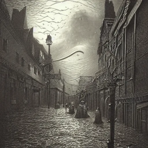 Prompt: Innsmouth, H.P. Lovecraft, dark clouds, dark, eerie, dystopian, city, eldritch, illustration by Gustave Doré