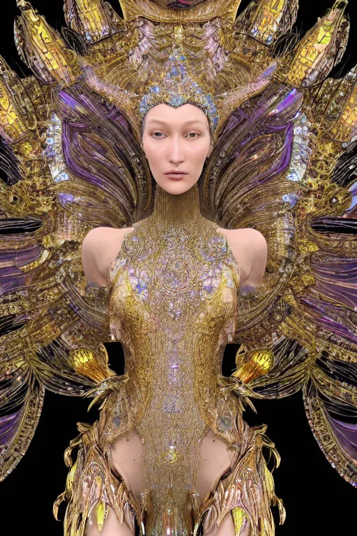 Prompt: a highly detailed metahuman 4 k close up render of an alien goddess bella hadid as sixwinged seraphim in iris van herpen dress schiaparelli in diamonds crystals swarovski and jewelry in style of alphonse mucha gustav klimt trending on artstation made in unreal engine 4