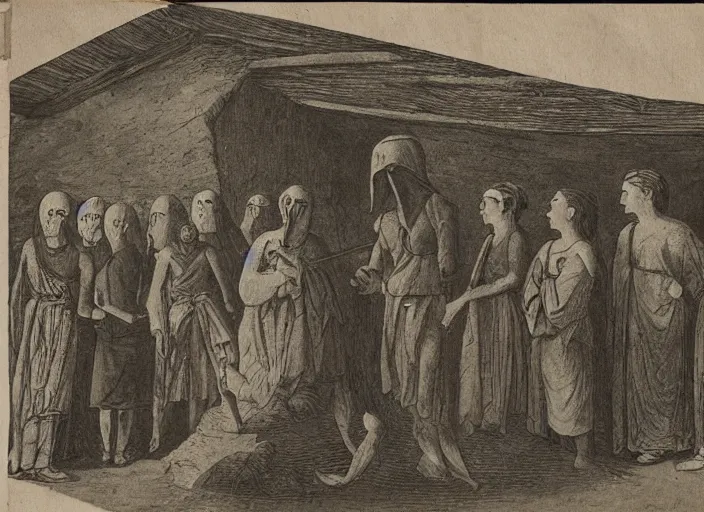 Image similar to photo of a queue of many cultists in a barn in front of a sacrificial altar with the head cultist hilding a ceremony knife in the center
