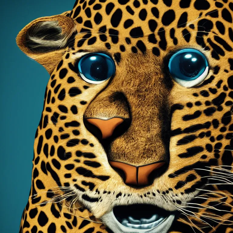 Image similar to octane render portrait by national geographic and wayne barlow and carlo crivelli and glenn fabry and pixar, a giant colorful furry realistic beautiful leopard wearing a hype beast bucket hat and a huge number of gold chains, cinema 4 d, ray traced lighting, very short depth of field, bokeh