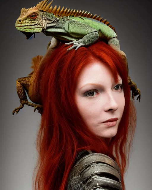 Prompt: 5 5 mm portrait photo of an armored redhead woman with antlers on her head and a an iguana on her shoulder, by luis royo. highly detailed 8 k. intricate. lifelike. soft light. nikon d 8 5 0. cinematic post - processing