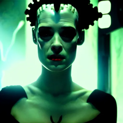 Image similar to cinematic portrait of kristen mcmenamy as bride of frankenstein as a replicant in a busy nightclub, frightened and angry, still from the movie ex machina, fashion photography, a sign is in the background, 8 k, high detail, face in focus