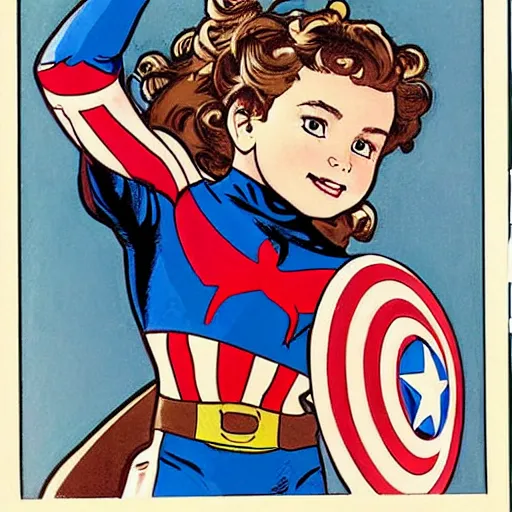 Image similar to a little girl with a mischievous face and light brown curly wavy hair and blue eyes. she is dressed as captain america, spider - man, batman, captain marvel, a superhero. well composed, clean elegant painting, beautiful detailed face. comic book art by steve ditko and jack kirby and ( alphonse mucha )