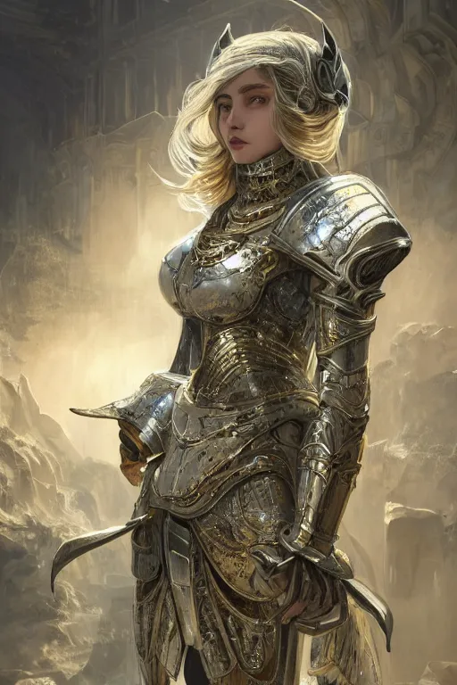 Image similar to portrait knights of Zodiac girl, silver and ice color reflected armor, in ruined Agora of Athens, ssci-fi, fantasy, intricate, very very beautiful, elegant, golden light, highly detailed, digital painting, artstation, concept art, smooth, sharp focus, illustration, art by WLOP and tian zi and alphonse mucha