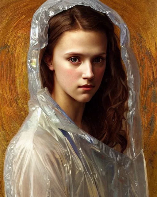 Image similar to a realistic portrait painting of a thoughtful girl resembling a young, shy, redheaded alicia vikander or millie bobby brown wearing a clear raincoat, highly detailed, intricate, concept art, artstation, by donato giancola, alphonse mucha, and william bouguereau