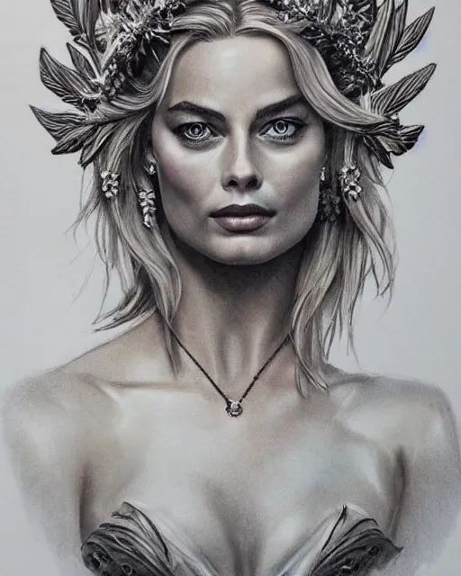 Image similar to realism tattoo sketch of margot robbie as a beautiful greek goddess aphrodite with piercing eyes wearing a laurel wreath and triangle earrings, in the style of greg rutkowski, amazing detail