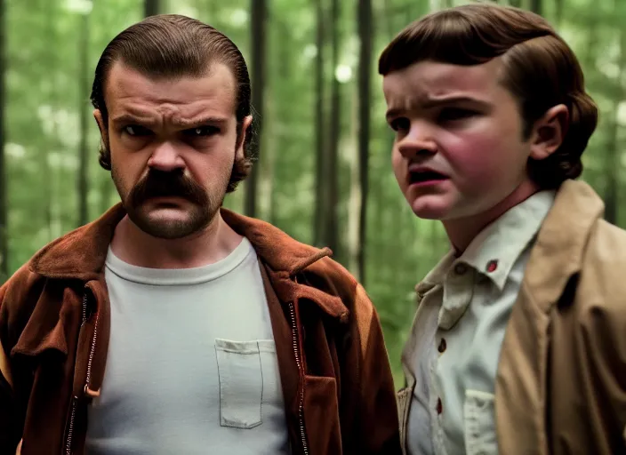 Image similar to film still of jim hopper as steve harrington in stranger things, 8 k