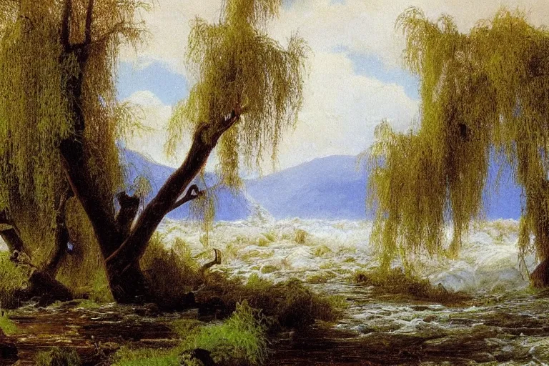 Image similar to oil painting of a detailed willow tree next to a raging river on a sunny day by albert bierstadt